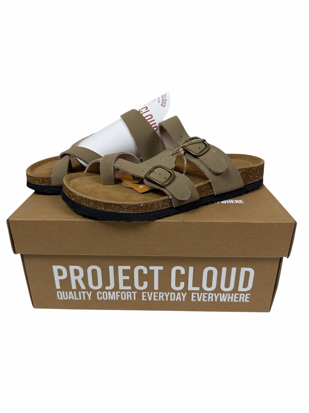 Project Cloud Genuine Leather Comfort Sandals Size 5.5 Beige Double Strap Slides